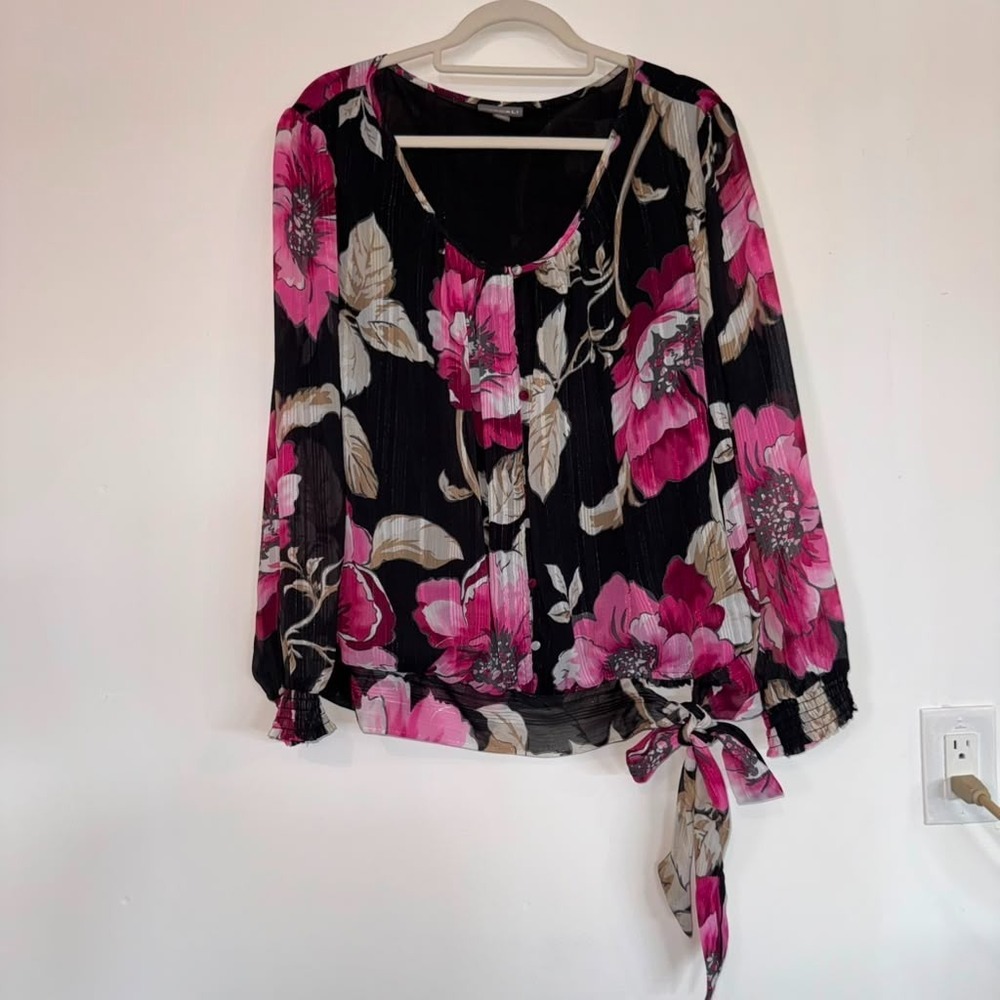 Roz & Ali Womens 1X Long Sleeve Blouse Pink Ivory Floral Side Tie Hem Whimsigoth